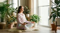 Young woman practicing meditation in lotus position surrounded by lush green houseplants in bright sunlit room for mindfulness and wellness lifestyle.