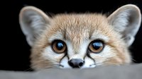 Adorable sand cat kitten with bright blue eyes peeking over edge on black background. Cute desert feline portrait for wildlife and animal lover designs.