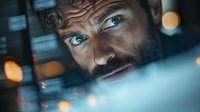 Intense close-up portrait of bearded Caucasian man with piercing blue eyes looking through glass reflection, dramatic lighting and bokeh creates mysterious mood.