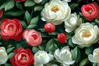 Lush blooming peonies in white and coral red shades with dark green foliage create romantic floral pattern for fabric, wallpaper and surface design.