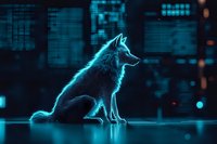 Glowing blue holographic wolf silhouette against dark urban background with digital elements and bokeh lights creates futuristic cyberpunk atmosphere.