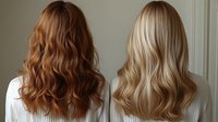 Back view of two women with long wavy hair in brown and blonde shades wearing white sweaters, showing different hair color and styling techniques for beauty salon promotion.