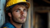Young handsome construction worker with yellow hard hat and blue shirt at building site. Professional contractor portrait for safety and labor concepts.