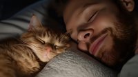 Caucasian bearded man sleeping peacefully next to ginger cat on bed, sharing tender moment together in warm evening light, expressing love and companionship between pet and owner.