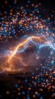 Glowing golden and blue light waves with floating particles on dark background, representing energy flow, data transmission, technology innovation, and digital transformation concepts.