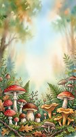 Enchanted forest floor with red toadstools, golden mushrooms, ferns and woodland plants in watercolor style. Perfect for children's book illustrations, nursery decor and nature-themed designs.