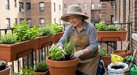 Middle-aged Caucasian woman gardening on urban balcony with herbs and vegetables in containers, wearing sun hat and apron for sustainable city living.