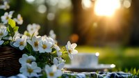 Delicate white jasmine flowers in wicker basket with morning sunlight and bokeh effect in garden setting, fresh tea cup on wooden surface creates peaceful atmosphere.