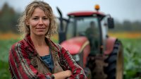 Confident female farmer standing in agricultural field with red tractor in background, sustainable farming and rural lifestyle concept.