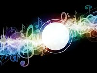 Colorful musical notes and symbols flowing around bright white circle on dark background. Abstract music concept for entertainment and audio projects.