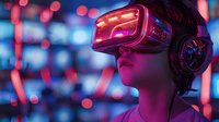 Young Asian woman wearing virtual reality headset and headphones in neon-lit environment with pink and blue bokeh lights creating futuristic gaming atmosphere.