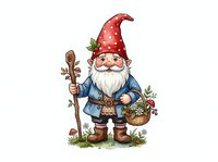 Cheerful garden gnome wearing red polka dot hat and blue coat, holding wooden staff and basket of plants, isolated on white background for design projects.