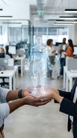 Two diverse professionals holding glowing digital human hologram in modern office environment. Represents healthcare technology, medical innovation, and business collaboration for corporate wellness solutions.