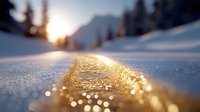 Golden sunlight illuminates fresh snow surface with sparkling bokeh effect at sunset in winter mountain landscape.