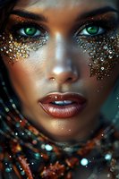 Close-up portrait of woman with striking green eyes and glittering gold and crystal makeup, wearing copper lipstick against dark background.