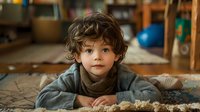 Young Caucasian boy with curly brown hair and expressive eyes lying on floor at home, wearing cozy turtleneck sweater, candid childhood moment captured in warm lighting.