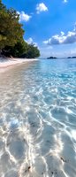 Tranquil tropical beach with crystal clear turquoise water, white sand shoreline, and lush green trees under bright blue sky with fluffy clouds. Perfect for travel content.