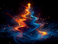 Magical glowing Christmas tree shape formed by swirling orange fire and blue light streams against dark starry background, creating ethereal holiday atmosphere.