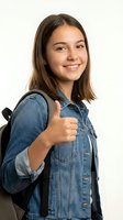 Young woman with long brown hair and Latin ethnicity wearing denim jacket and backpack giving thumbs up gesture on white background for education and student concepts.