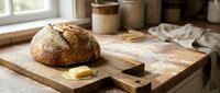 Freshly baked artisan sourdough bread with crispy crust on wooden cutting board in rustic kitchen setting for bakery and food styling.