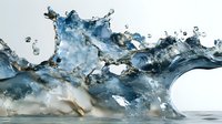 Dynamic water splash with deep blue and gold marble effect creates dramatic abstract composition against white background, luxury design element.