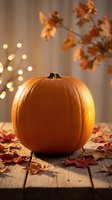 Orange pumpkin on wooden table with autumn leaves and warm bokeh lights creating cozy fall atmosphere for seasonal decorating and harvest celebrations.