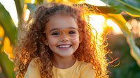 Young girl with curly red hair and glasses smiling brightly in natural sunlight, wearing yellow shirt against green foliage background, radiating joy and innocence.