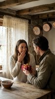 Young couple sharing romantic moment as man gives woman small gift box in rustic kitchen with exposed wooden beams and copper plates on wall.