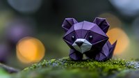 Purple origami raccoon face sitting on moss with soft bokeh lights in background creating magical forest atmosphere for creative projects.
