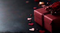 Red gift box with ribbon and scattered heart confetti on dark background creates romantic mood for Valentine's Day, anniversaries, or special occasions.