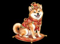 Shiba Inu dog wearing red traditional Asian robe and golden crown, sitting on decorative cushion. Isolated on transparent background, ready for t-shirts, stickers, clipart, and print-on-demand designs.