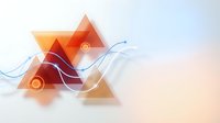 Abstract geometric background with glowing orange triangles and blue wave lines on light backdrop, modern tech design for business presentations and banners.