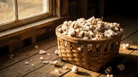 Fresh white mushrooms in wicker basket on rustic wooden table by window with warm natural sunlight streaming through for cooking and culinary preparation.