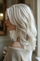 Profile view of young woman with platinum blonde wavy hair styled in modern layers, wearing beige sweater in salon setting.