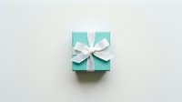 Turquoise gift box with white satin ribbon bow on neutral background for celebrations, holidays, birthdays, anniversaries and special occasions.