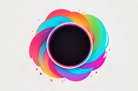 Vibrant multicolored circular frame with dynamic fluid shapes and gradient swirls surrounding dark center on light background, creating modern abstract design element.