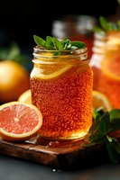 Fresh citrus sparkling drink with grapefruit slices and mint leaves in mason jar, served on wooden board with fresh fruit. Dark moody background.