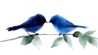 Two blue birds perched on branch with green leaves facing each other in romantic pose. Watercolor style illustration isolated on white background.