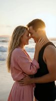 Young couple embracing intimately on beach at golden hour sunset with ocean waves in background creating romantic atmosphere for love and relationship content.