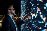 Caucasian businessman in suit analyzing financial data visualization on digital screen with glowing charts and graphs in dark office environment.