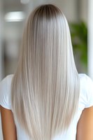 Back view of long straight platinum blonde hair on woman wearing white t-shirt, showing smooth silky texture and professional salon styling result.
