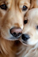 Close-up of golden retriever mother and puppy with soft fur and gentle eyes, showcasing bond between parent and offspring for pet care websites.