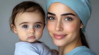 Young mother in medical scrub cap with toddler child in tender embrace against neutral background, expressing care and family bonding in healthcare setting.