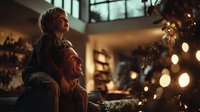 Father carrying child on shoulders admiring Christmas tree lights in cozy home interior with warm ambient glow during holiday season.