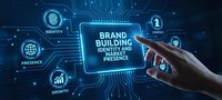 Hand touching futuristic digital interface displaying brand building strategy with glowing circuit connections and business icons on dark blue background.