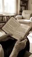 Senior person with wrinkled hands holding open an aged handwritten journal in a sunlit living room with bookshelves and armchair, capturing nostalgia and literary heritage.