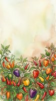 Vegetable garden border with hand-drawn peppers, chilis and bell peppers in watercolor style on isolated white background, suitable for recipe cards and culinary designs.