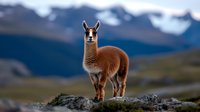 Young brown llama standing on rocky mountain terrain against snow-capped peaks and dramatic mountain landscape in natural habitat during golden hour lighting.