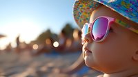 Young Caucasian child wearing colorful bucket hat and pink mirrored sunglasses at beach during golden sunset, profile view capturing summer vacation mood and lifestyle.