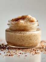 Homemade coffee sugar scrub in glass jar with coarse brown sugar crystals on top, perfect for natural skincare and exfoliation routines.